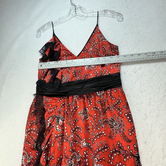 Cinq A Sept Womens Silk Floral Lace Trim Midi Dress Red Black Size XS 0 Elegant - Picture 7 of 14